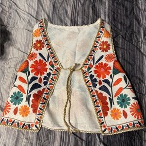 Embroidered Floral Tie-Front Vest - White with Orange & Teal